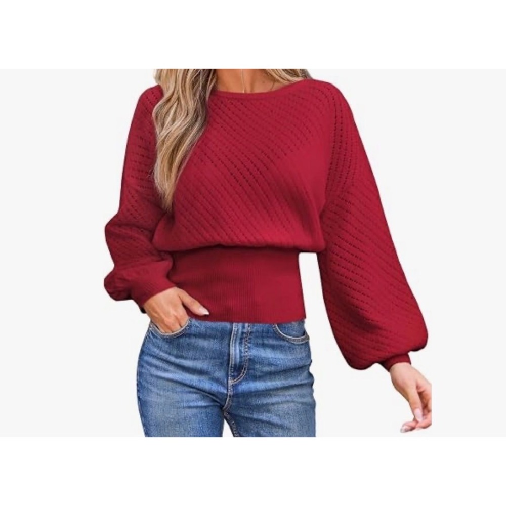 Cupshe Red‎ Pointelle Knit Dolman Sleeve Sweater NWT CAA06A5H039JJ Medium